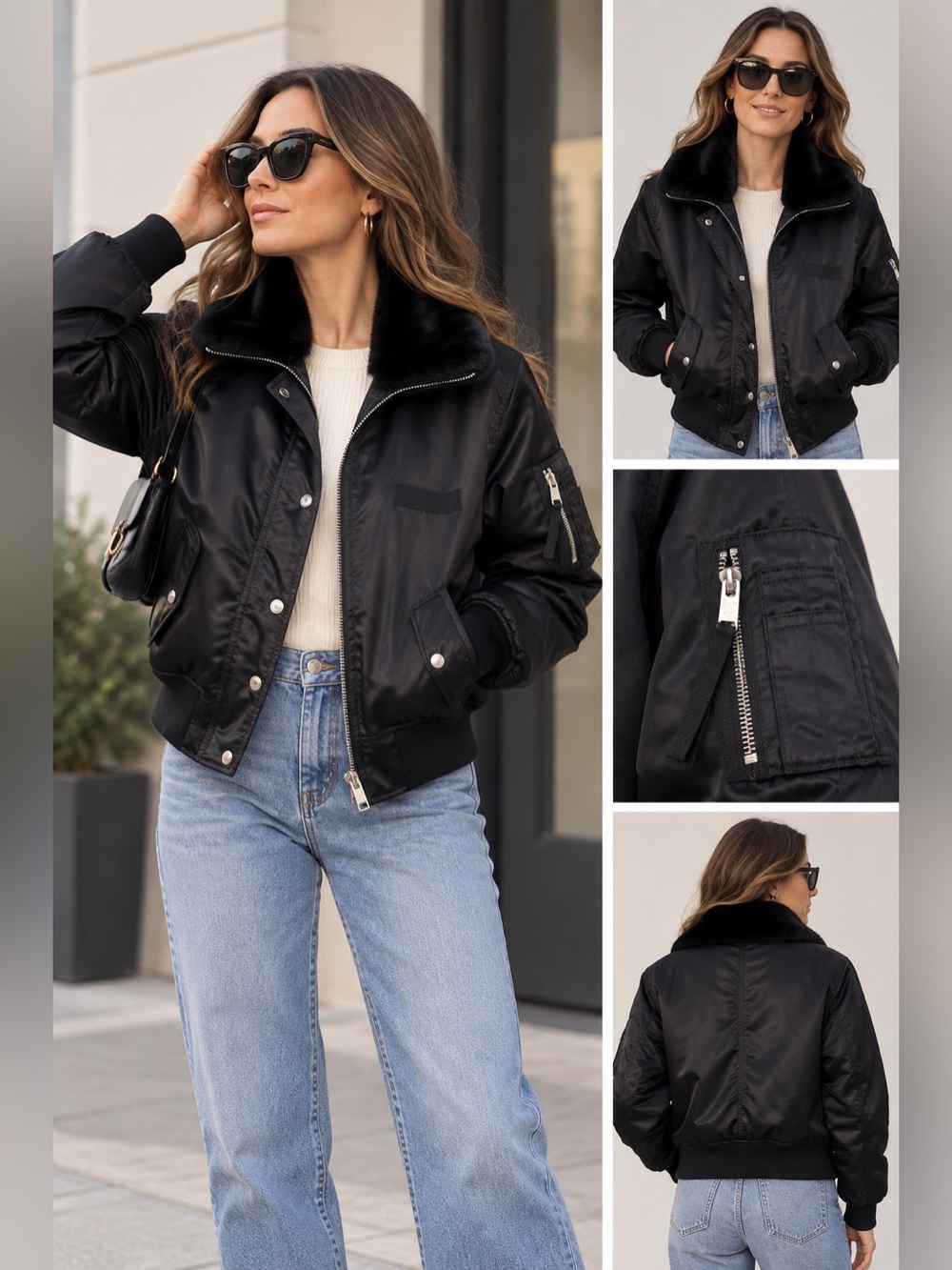 GAP Black Satin Bomber Jacket Faux Fur Collar Utility Y2K S